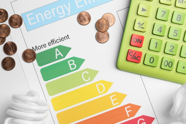 energy efficiency meter on paper beside a calculator and some coins depicting increased energy efficiency