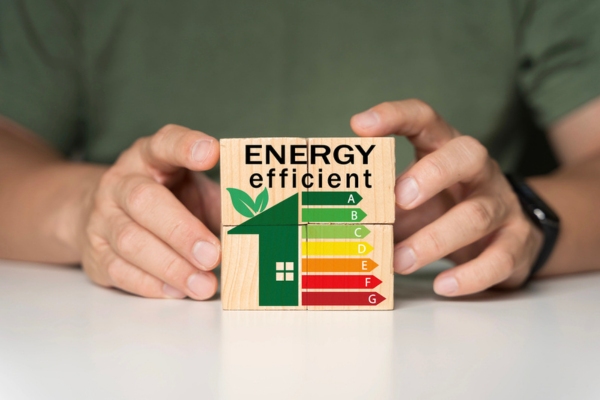energy efficient meter on wooden puzzle depicting ductless HVAC
