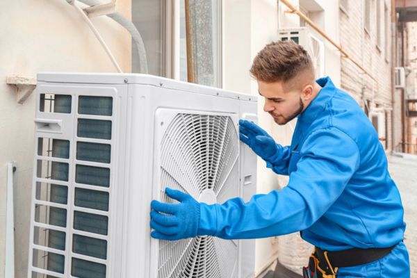 Male technician installing outdoor unit of air conditioner