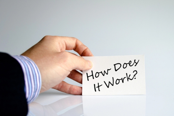 How Does it work text on a small card held by a man depicting boilers