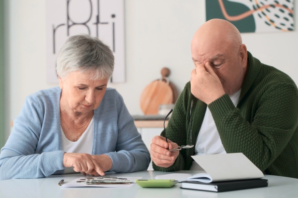 senior couple counting money at home depicting heating oil price changes