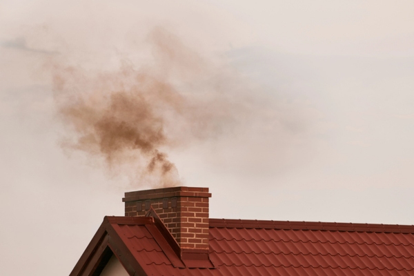 dark smoke coming out of a chimney of a house