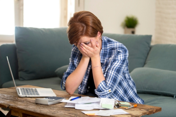 worried woman evaluating overlooked expenses from power outages